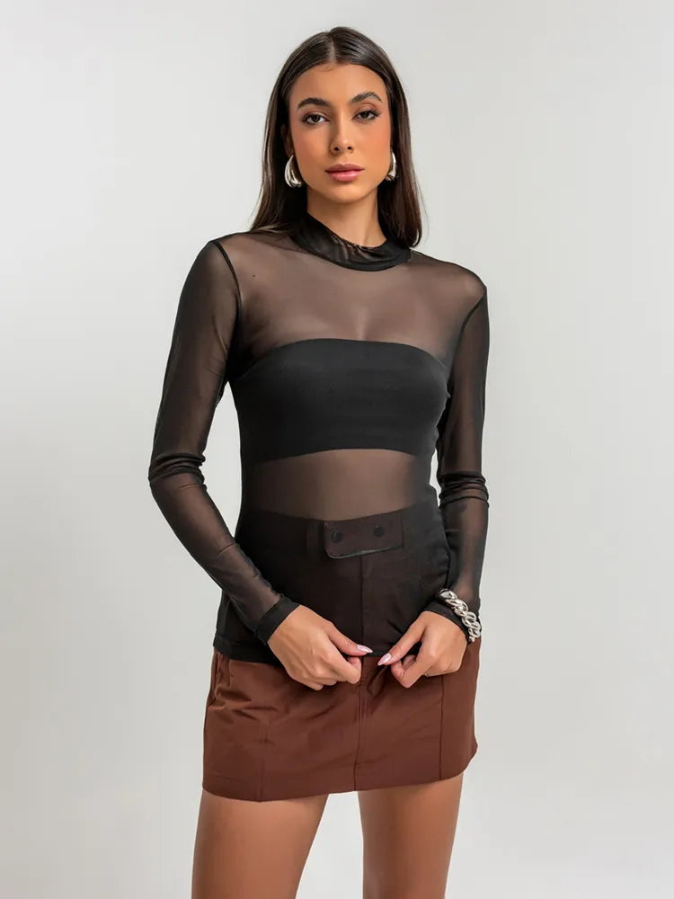 Blusa Diana Manga Longa Tule Preto